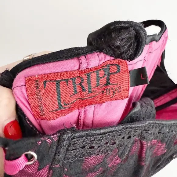 [Tripp NYC] Black Pink Y2K Floral Print Lace Hook & Eye Corset Top Size Large L - Picture 11 of 12